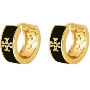 Tory Burch Gold and Black Logo Mini Hoop Earrings